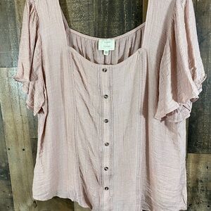 Flower & Feather Women’s Plus 2XL Square Neck Blouse Top Coral Pink button down